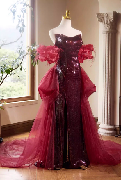 Flattering Sheath Off-Shoulder Red Sweet 16th Dresses Sequins High-Slit Prom Dress AP5389