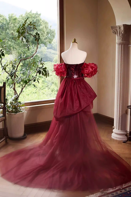 Flattering Sheath Off-Shoulder Red Sweet 16th Dresses Sequins High-Slit Prom Dress AP5389