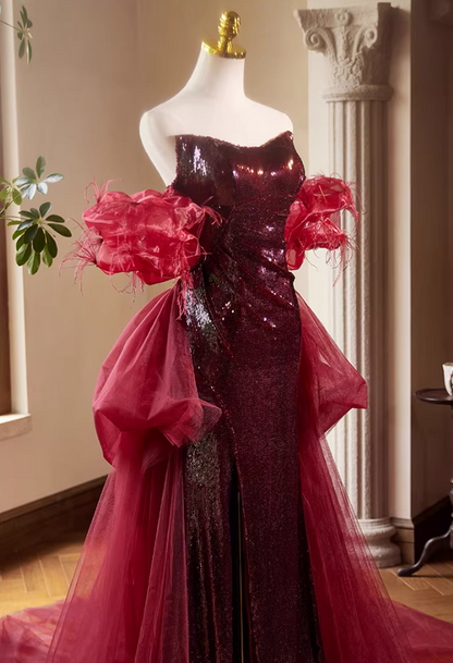Flattering Sheath Off-Shoulder Red Sweet 16th Dresses Sequins High-Slit Prom Dress AP5389