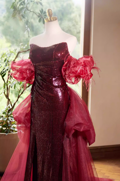 Flattering Sheath Off-Shoulder Red Sweet 16th Dresses Sequins High-Slit Prom Dress AP5389