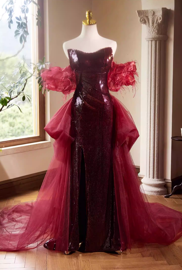 Flattering Sheath Off-Shoulder Red Sweet 16th Dresses Sequins High-Slit Prom Dress AP5389