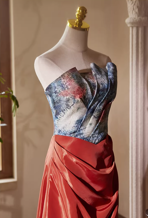 Trendy Sheath Strapless Printed Sweet 16th Dresses Draped Prom Dress AP5390