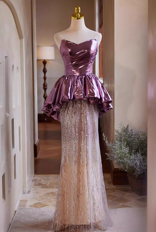 Sexy Sheath Strapless Ruffles Sweet 16th Dresses Sequins Tulle Prom Dress AP5392