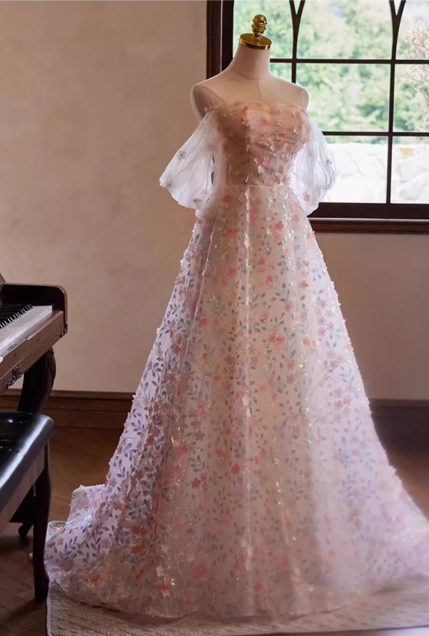 Vogue Off-Shoulder A-Line Floral Sweet 16th Dresses Sequins Appliques Prom Dress AP5393
