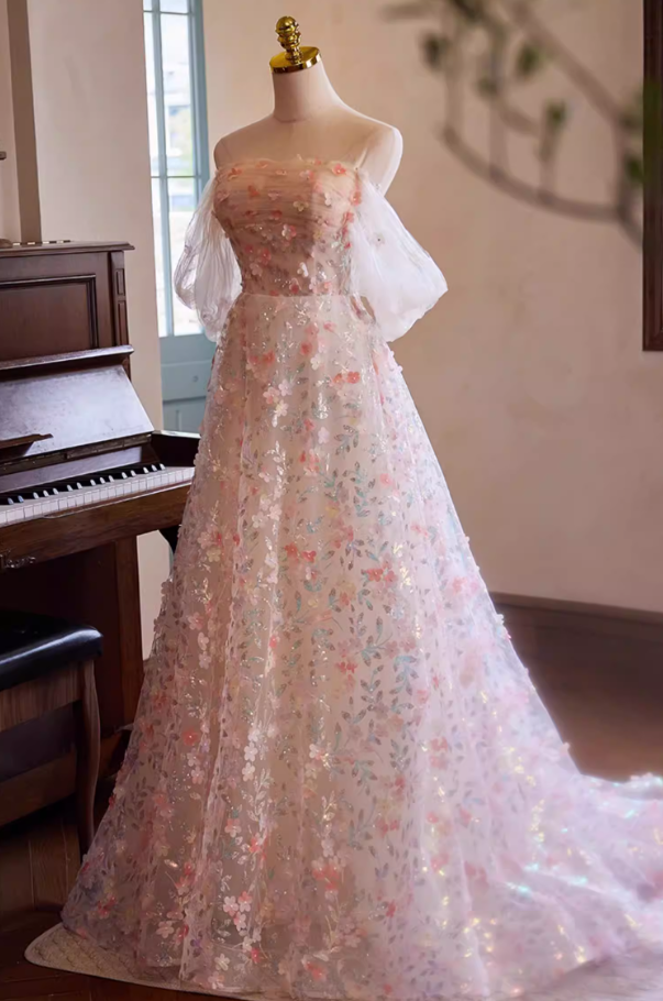 Vogue Off-Shoulder A-Line Floral Sweet 16th Dresses Sequins Appliques Prom Dress AP5393