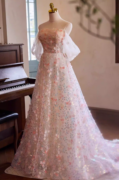 Vogue Off-Shoulder A-Line Floral Sweet 16th Dresses Sequins Appliques Prom Dress AP5393