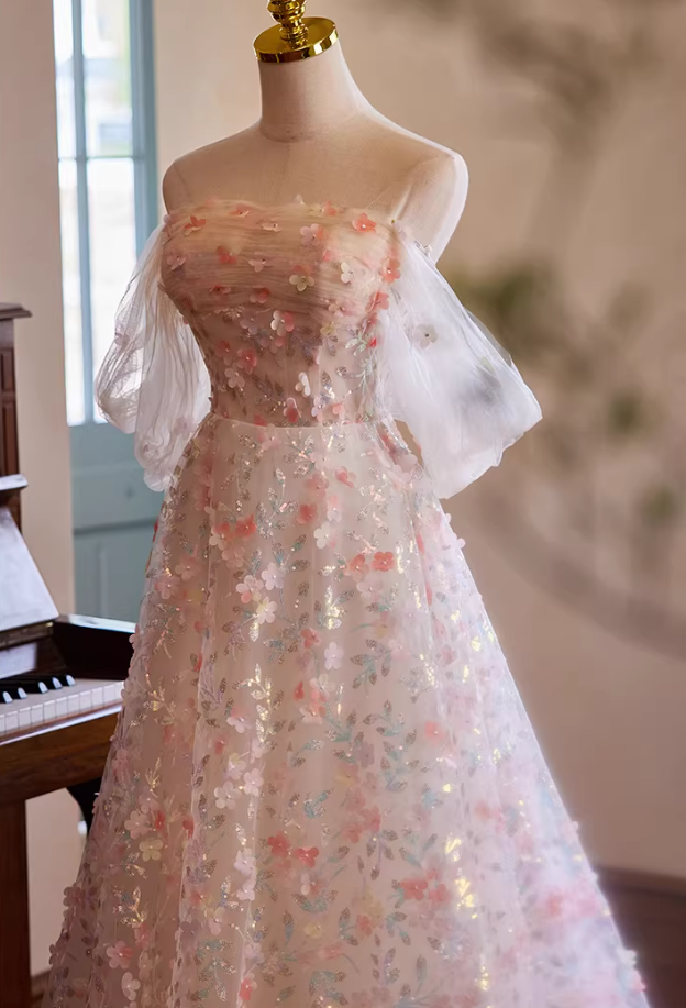 Vogue Off-Shoulder A-Line Floral Sweet 16th Dresses Sequins Appliques Prom Dress AP5393