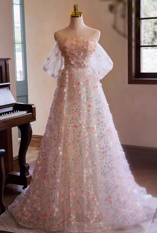 Vogue Off-Shoulder A-Line Floral Sweet 16th Dresses Sequins Appliques Prom Dress AP5393