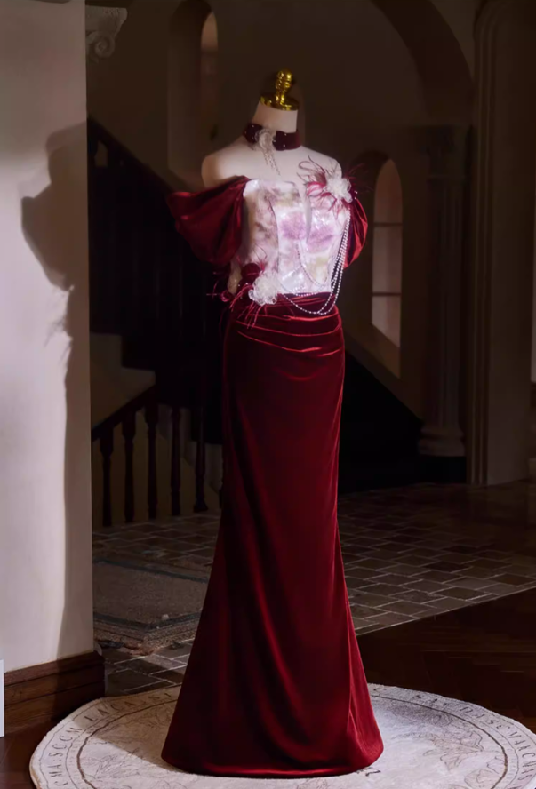 Modern Printed Off-Shoulder Velvet Long Evening Mermaid Dress Beading 3D Appliques Prom Dress AP5394