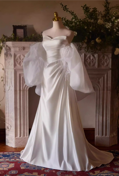 Fancy A-Line Strapless Bridal Dresses Pleated Satin Wedding Dress AP5397