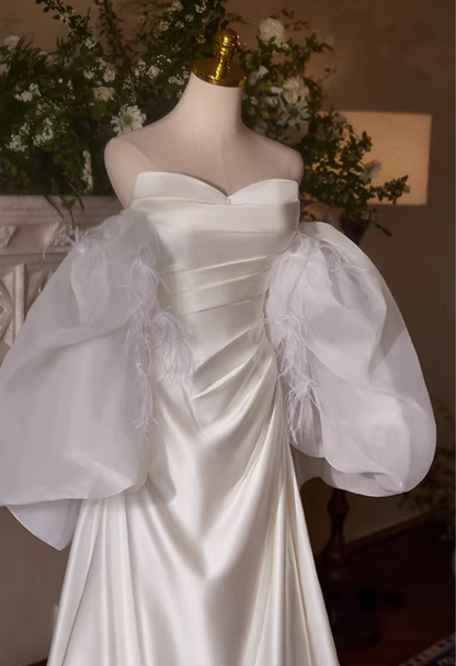 Fancy A-Line Strapless Bridal Dresses Pleated Satin Wedding Dress AP5397