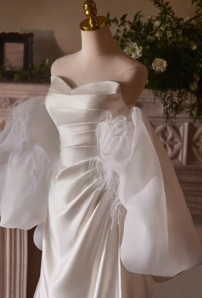 Fancy A-Line Strapless Bridal Dresses Pleated Satin Wedding Dress AP5397