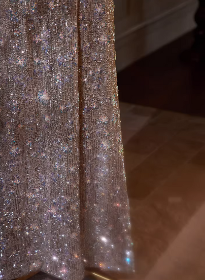 Delicate Ruffled Off-Shoulder Sheath Long Evening Dress High-Slit Sequins Prom Dress AP5398