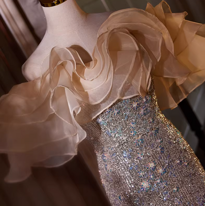 Delicate Ruffled Off-Shoulder Sheath Long Evening Dress High-Slit Sequins Prom Dress AP5398