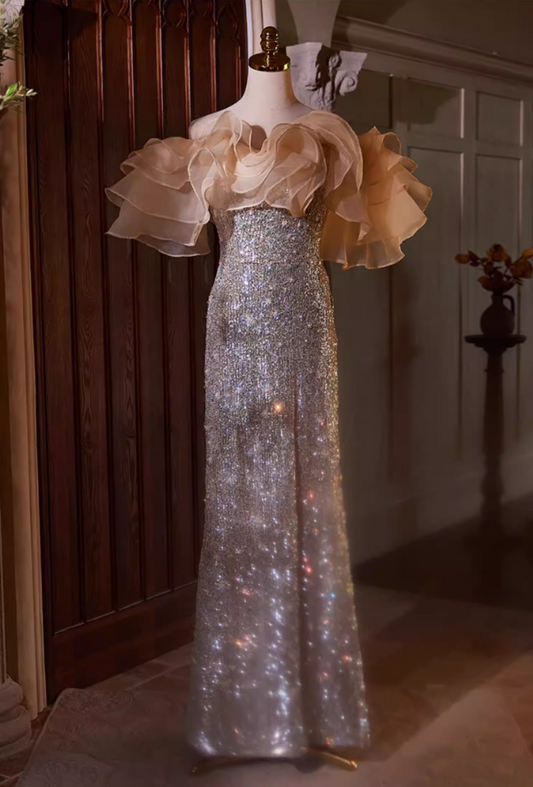 Delicate Ruffled Off-Shoulder Sheath Long Evening Dress High-Slit Sequins Prom Dress AP5398