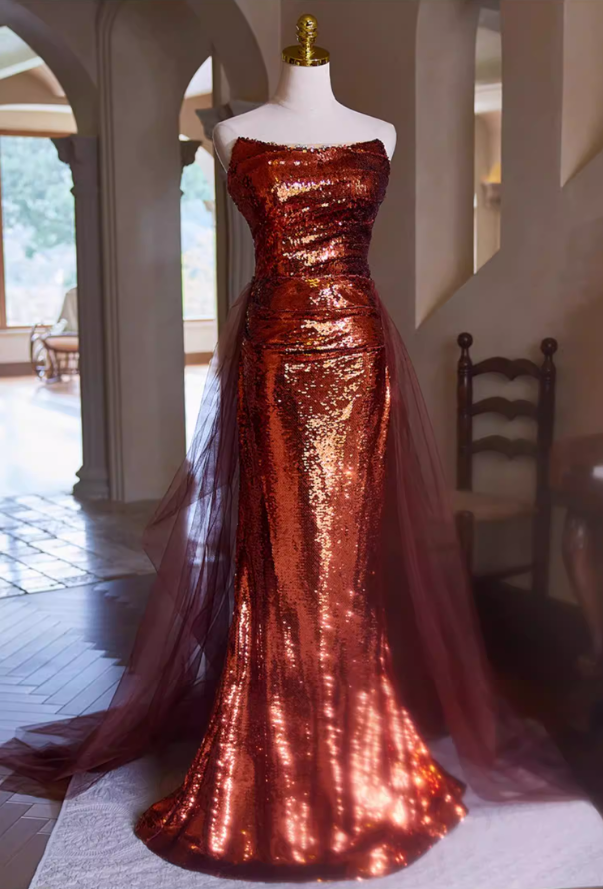 Gen Z Style Strapless Long Evening Mermaid Dress Sequins Beading Pleated Prom Dress AP5400