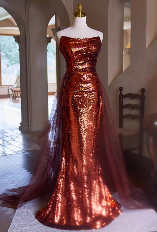 Gen Z Style Strapless Long Evening Mermaid Dress Sequins Beading Pleated Prom Dress AP5400