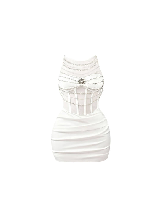 Hottie Cream Jewel Neck Mesh Corset Mini Dress Elegant Crystal Chain Drapes Bodycon Short Dress AP5401
