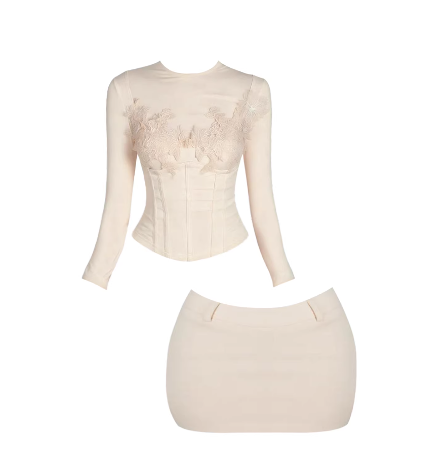 Casual Sheer Long Sleeves Low-Rise Jewel Neck Bodycon Mini Skirt Elegant Beige Lace Embellished Corset Top 2-Piece Short Dress AP5402
