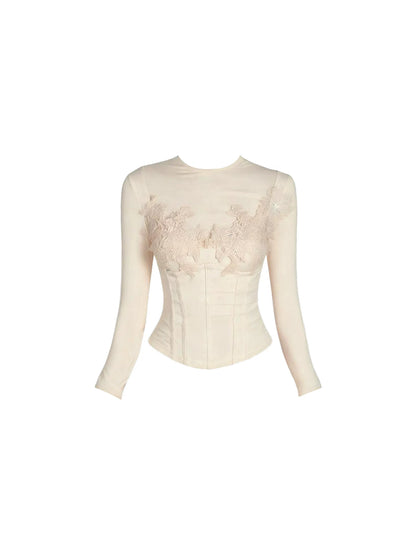 Casual Sheer Long Sleeves Low-Rise Jewel Neck Bodycon Mini Skirt Elegant Beige Lace Embellished Corset Top 2-Piece Short Dress AP5402