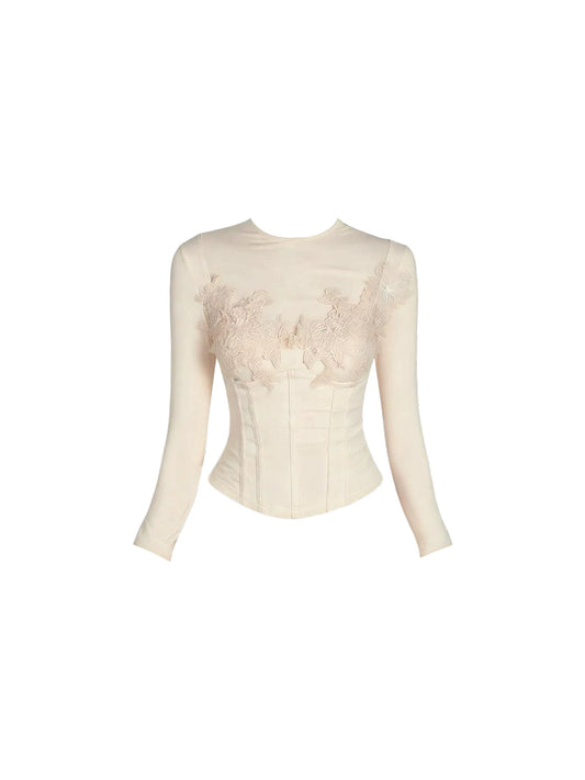 Casual Sheer Long Sleeves Low-Rise Jewel Neck Bodycon Mini Skirt Elegant Beige Lace Embellished Corset Top 2-Piece Short Dress AP5402