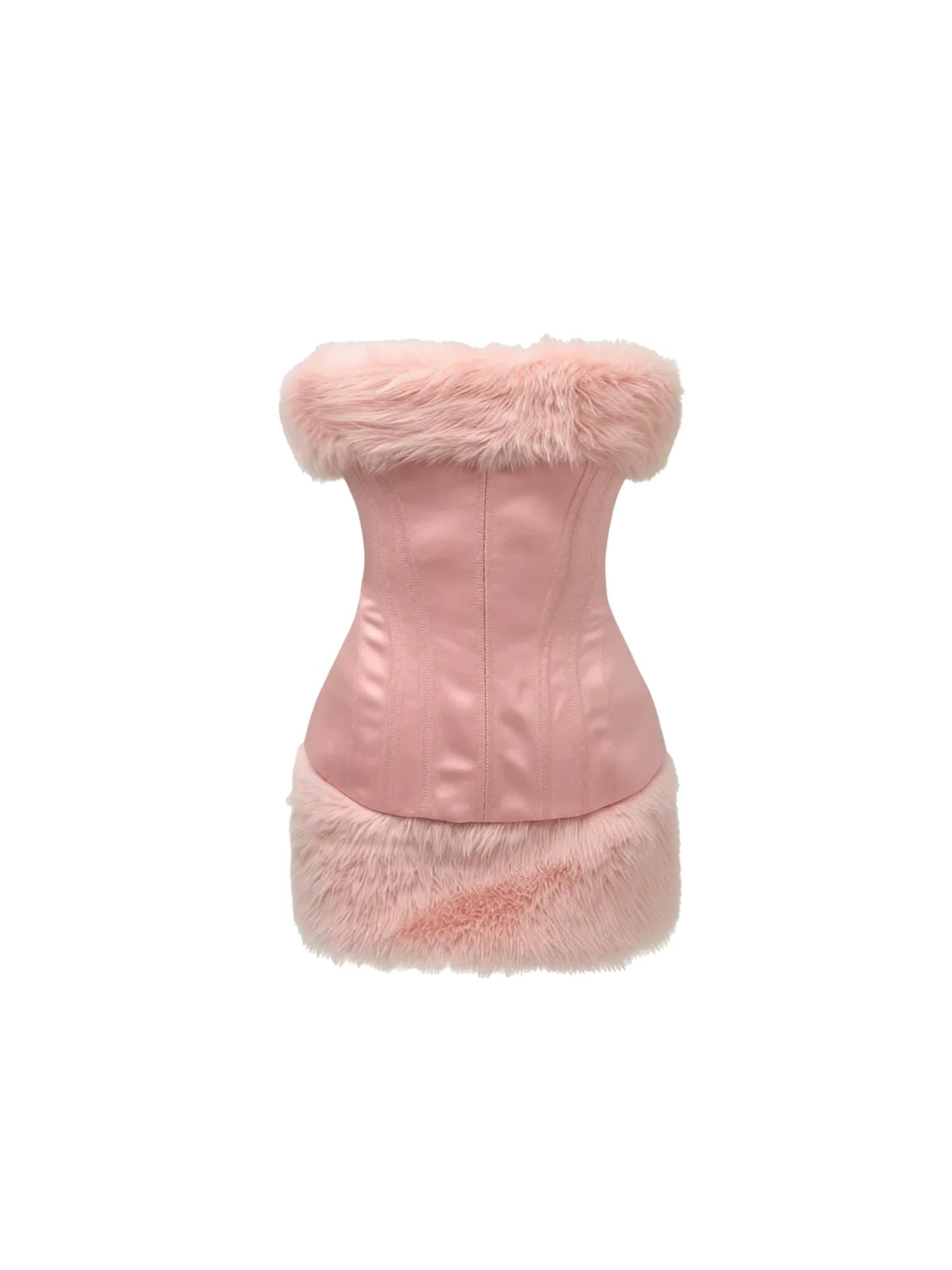 New Tendency Plush Faux Fur Trim Bodycon Mini Skirt 2-Piece Pink Strapless Satin Corset Short Dress AP5405