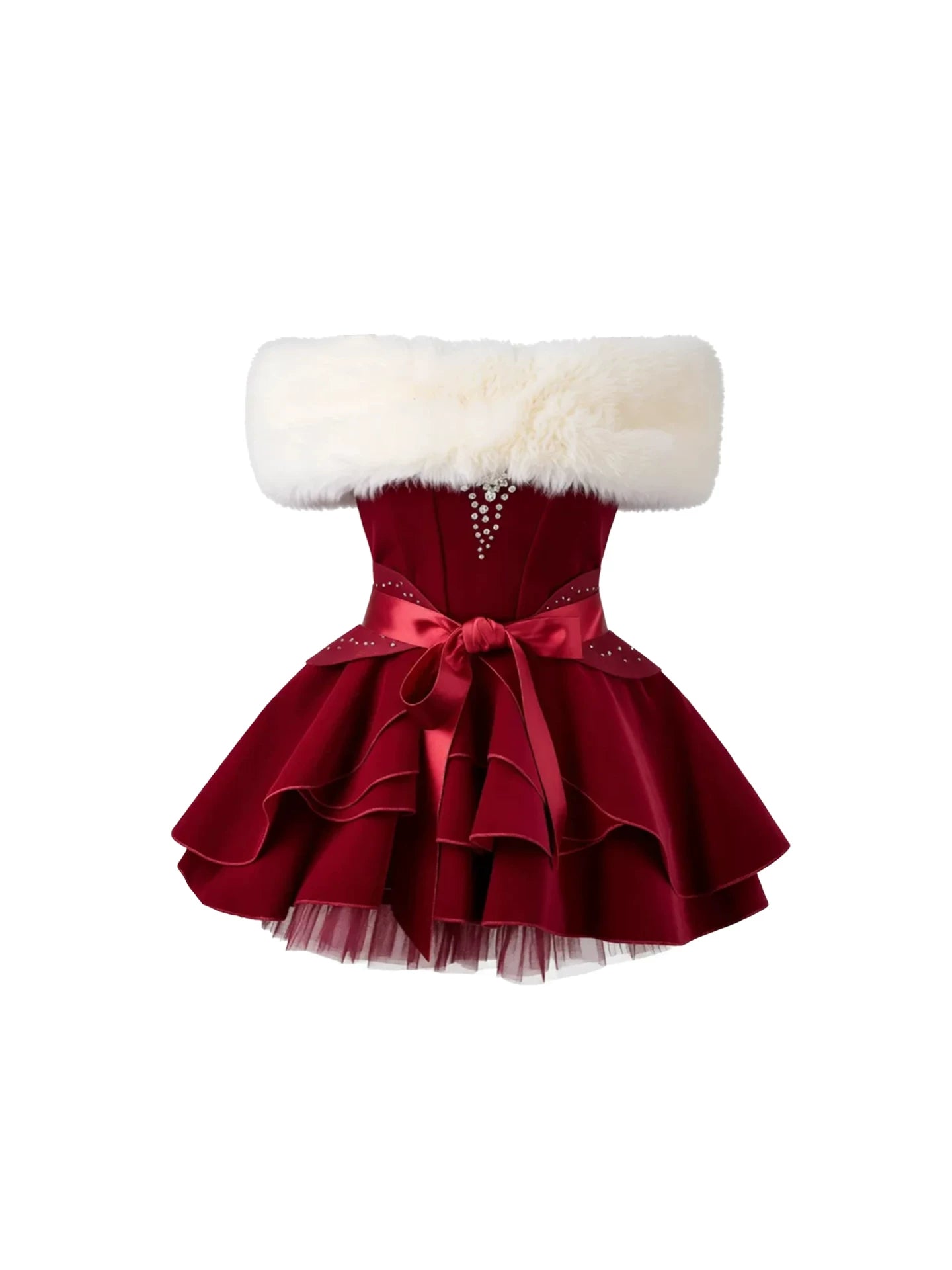 Fairy 3-Piece Set Fur Shawl A-Line Crystal Trim Mini Skirt Glamorous Corset Belt Red Strapless Short Dress AP5406