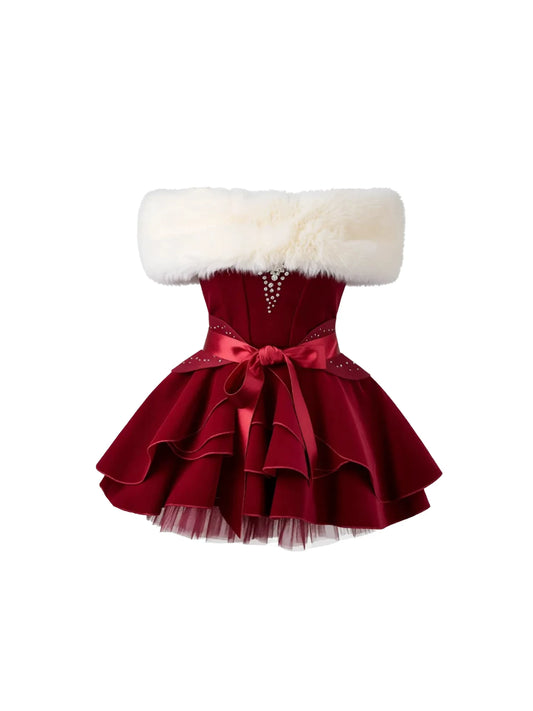 Fairy 3-Piece Set Fur Shawl A-Line Crystal Trim Mini Skirt Glamorous Corset Belt Red Strapless Short Dress AP5406