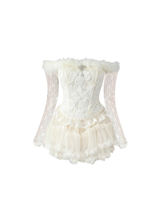 Everyday Wear 2-Piece Off-Shoulder Long Sleeve Tiered Mini Skirt Romantic Ivory Lace A-Line Fur Neckline 3D Roses Beads Short Dress AP5407