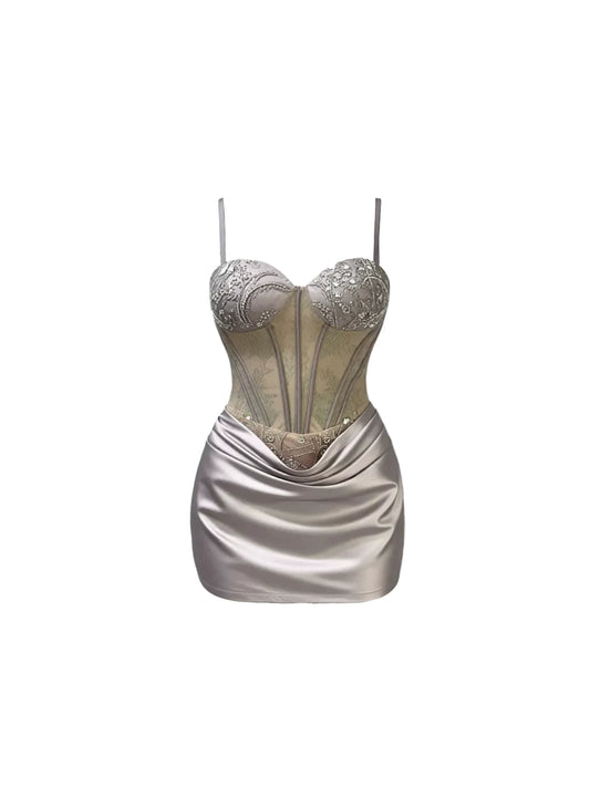 Boho-Inspired Mesh Corset Spaghetti Strap Mini Skirt Glamorous Lace Appliques Satin Bodycon Short Dress AP5408