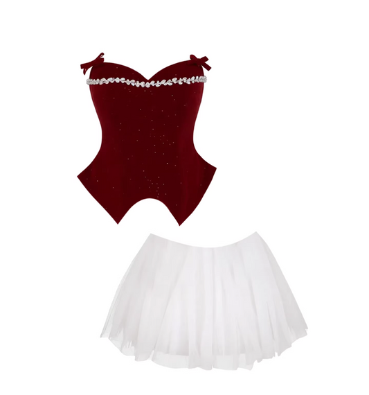 Exquisite 2-Piece Burgundy Velvet Corset Top A-Line Mini Skirt Charming Rhinestone Trim Bow Details Strapless White Tulle Short Dress AP5409