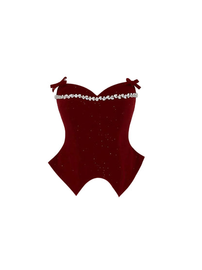 Exquisite 2-Piece Burgundy Velvet Corset Top A-Line Mini Skirt Charming Rhinestone Trim Bow Details Strapless White Tulle Short Dress AP5409