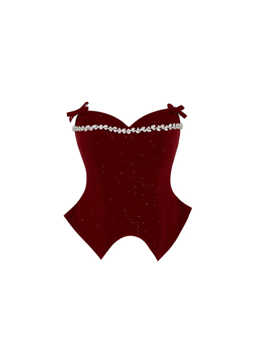 Exquisite 2-Piece Burgundy Velvet Corset Top A-Line Mini Skirt Charming Rhinestone Trim Bow Details Strapless White Tulle Short Dress AP5409