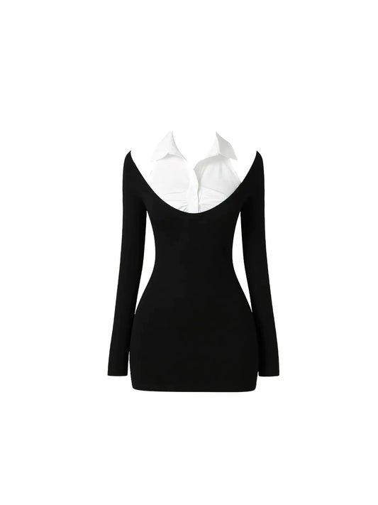 Lovely White Button Lapel Collar Cutout Bodycon Mini Skirt Trendy Ruched Black Long Sleeve Short Dress AP5410