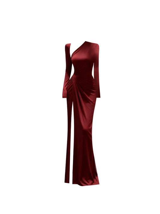 Enchanting Twist Knot Front High Slit Asymmetric Neckline Maxi Dress Elegant Burgundy Long Sleeve Mermaid Long Dress AP5413