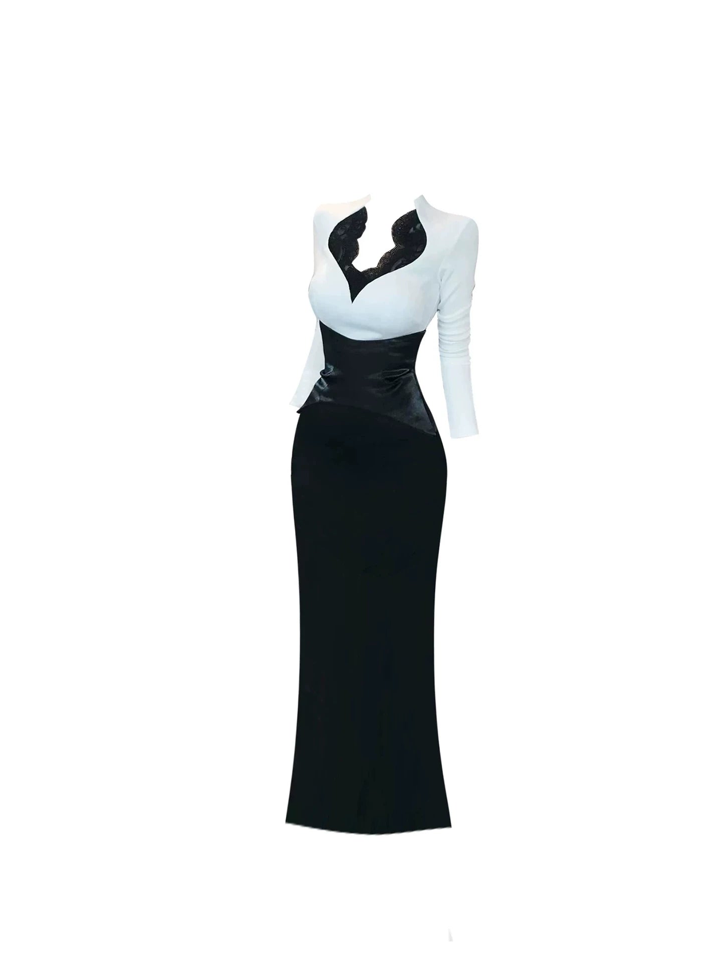 Superb Plunging Lace Neckline Ruched Waist Maxi Dress Sexy Black White Long Sleeve Mermaid Long Dress AP5414