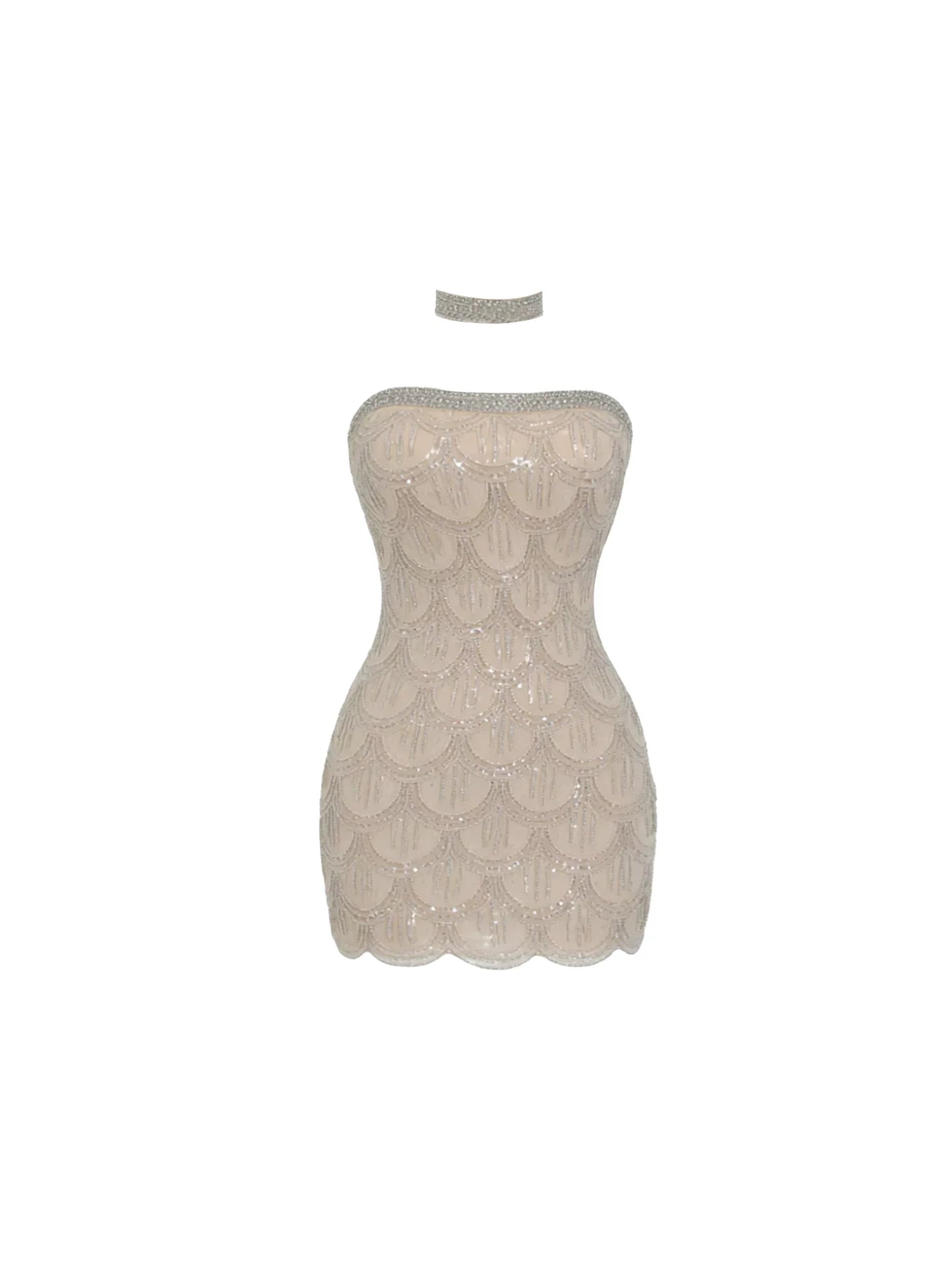 Wonderful Beaded Details Bodycon Mini Skirt Luxe Champagne Art Deco Sequin Strapless Short Dress AP5415