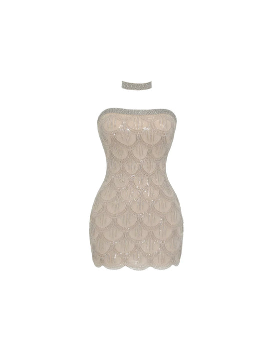 Wonderful Beaded Details Bodycon Mini Skirt Luxe Champagne Art Deco Sequin Strapless Short Dress AP5415