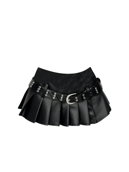 Amazing 2-Piece A-Line Strapless Mini Skirt Glamorous Black Faux Leather Corset Top Pleated Short Dress AP5416