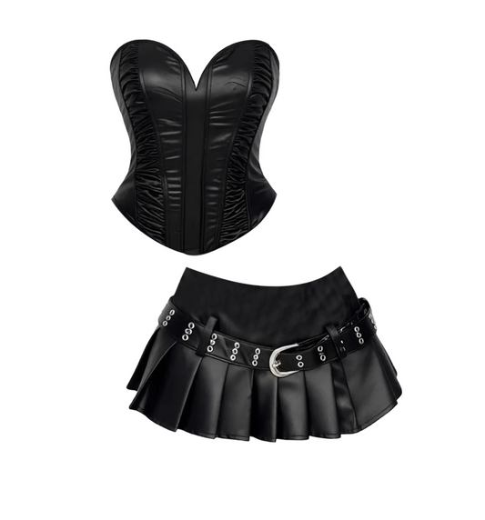 Amazing 2-Piece A-Line Strapless Mini Skirt Glamorous Black Faux Leather Corset Top Pleated Short Dress AP5416