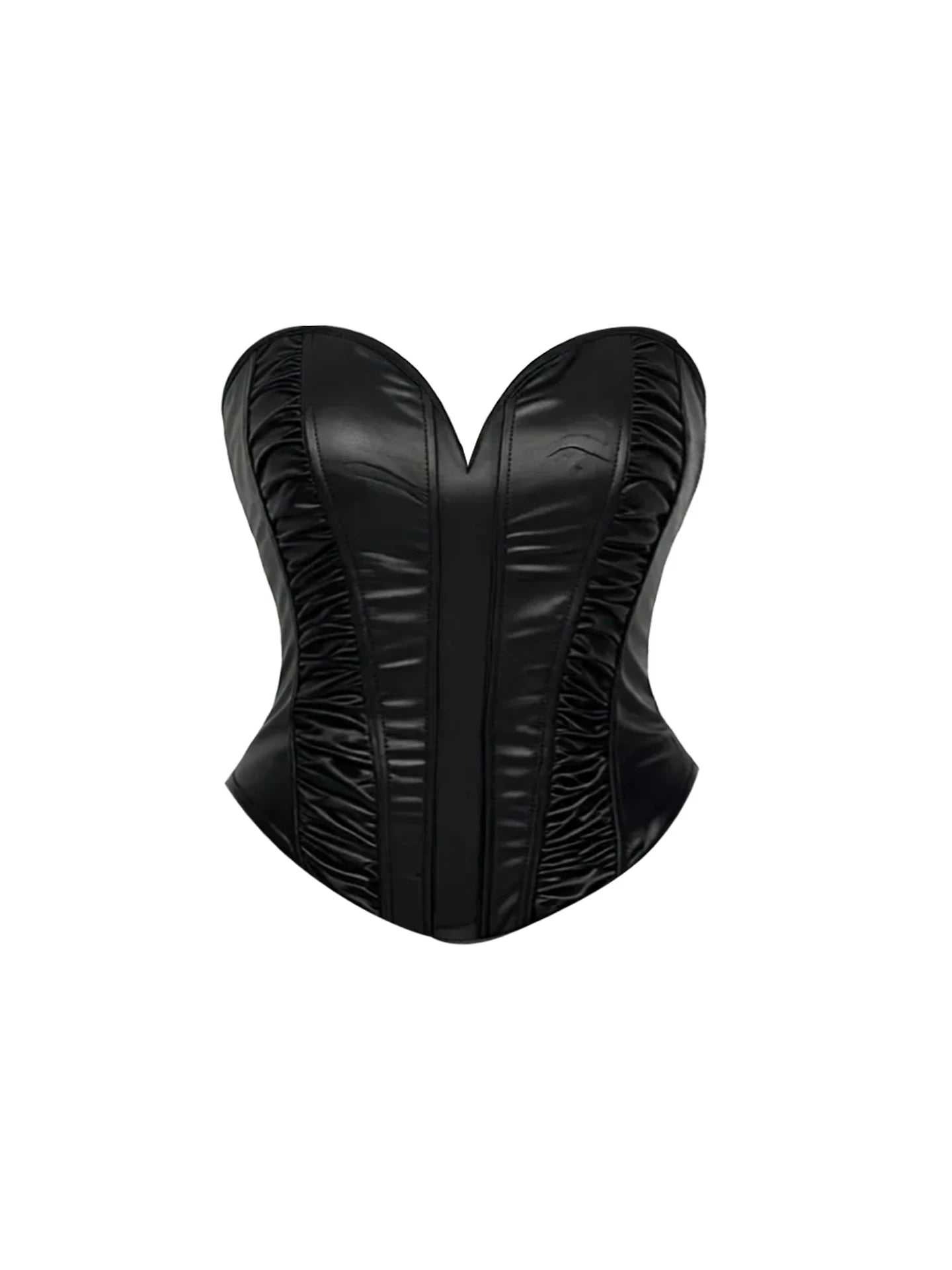 Amazing 2-Piece A-Line Strapless Mini Skirt Glamorous Black Faux Leather Corset Top Pleated Short Dress AP5416
