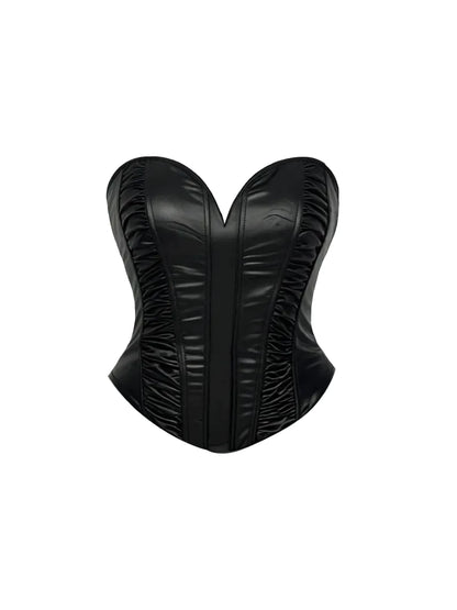 Amazing 2-Piece A-Line Strapless Mini Skirt Glamorous Black Faux Leather Corset Top Pleated Short Dress AP5416