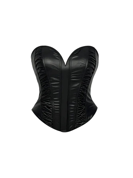 Amazing 2-Piece A-Line Strapless Mini Skirt Glamorous Black Faux Leather Corset Top Pleated Short Dress AP5416