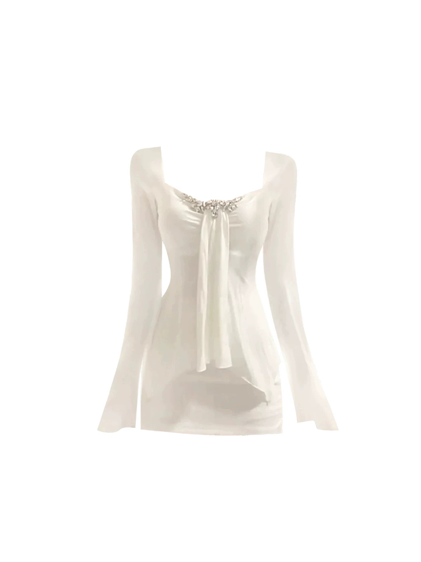Fascinating Rhinestone Trim Bust Ruched Drape Bodycon Mini Skirt Elegant Ivory Bell Long Sleeve Square Neck Short Dress AP5418