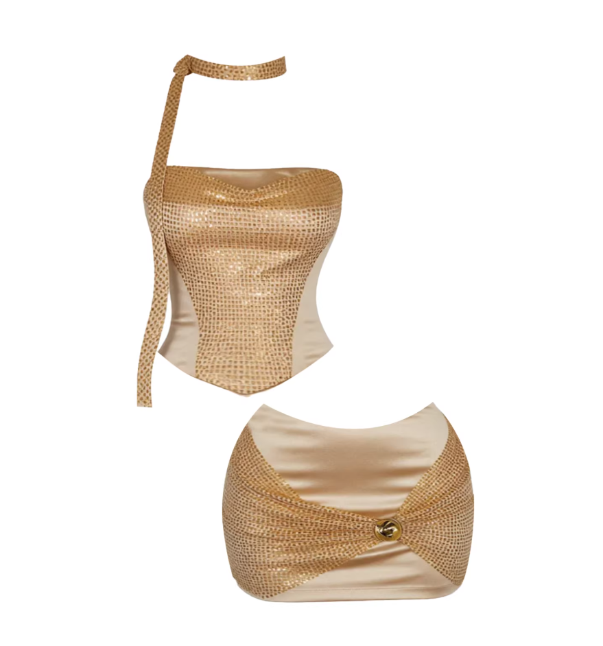 Splendid Low-Waist Ruched Bodycon Mini Skirt Sparkly Gold Sequin Corset Top Strapless 2-Piece Short Dress AP5419