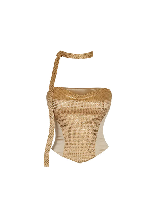 Splendid Low-Waist Ruched Bodycon Mini Skirt Sparkly Gold Sequin Corset Top Strapless 2-Piece Short Dress AP5419
