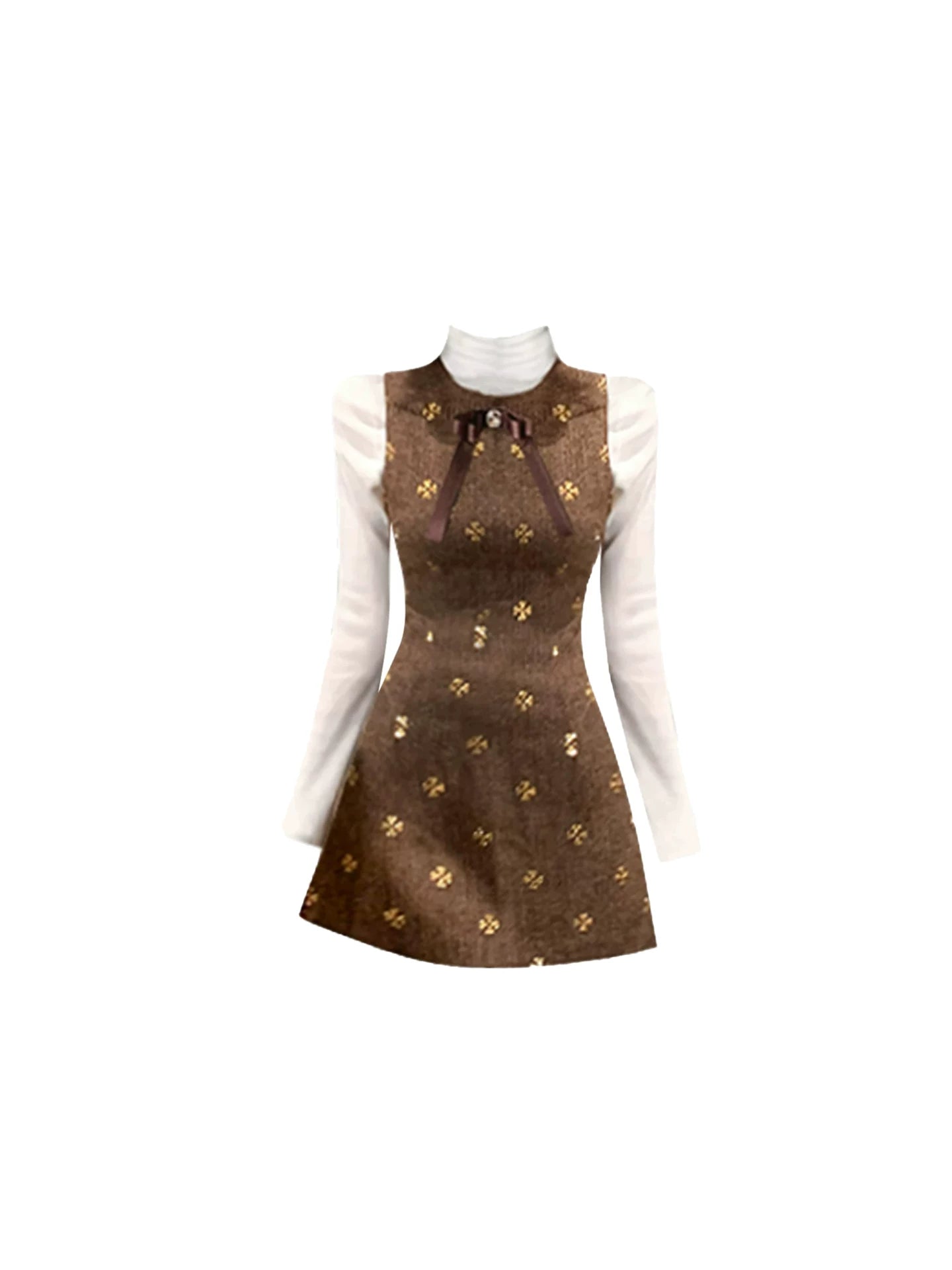 Enticing Gold Embroidered Details Pearl Bow Mini Skirt Elegant Brown 2-Piece Long Sleeve White Top Co-ord A-Line Short Dress AP5420