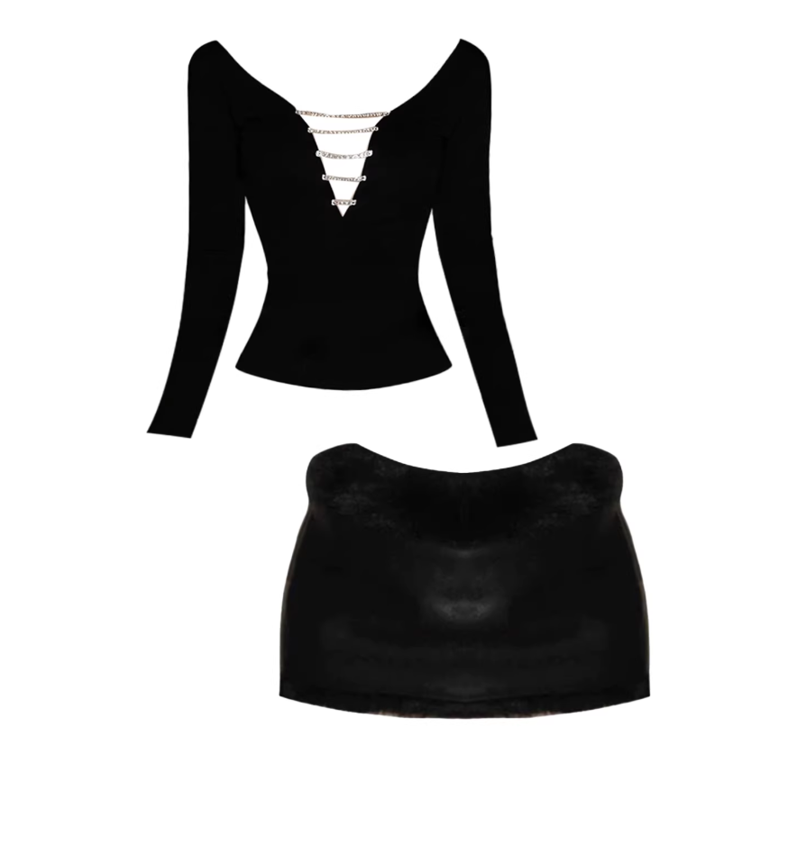 Avant-Garde High-Waist Leather Fur Trim Bodycon Mini Skirt Sexy Black Chain Detail Deep V Crop Top 2-Piece Short Dress AP5421