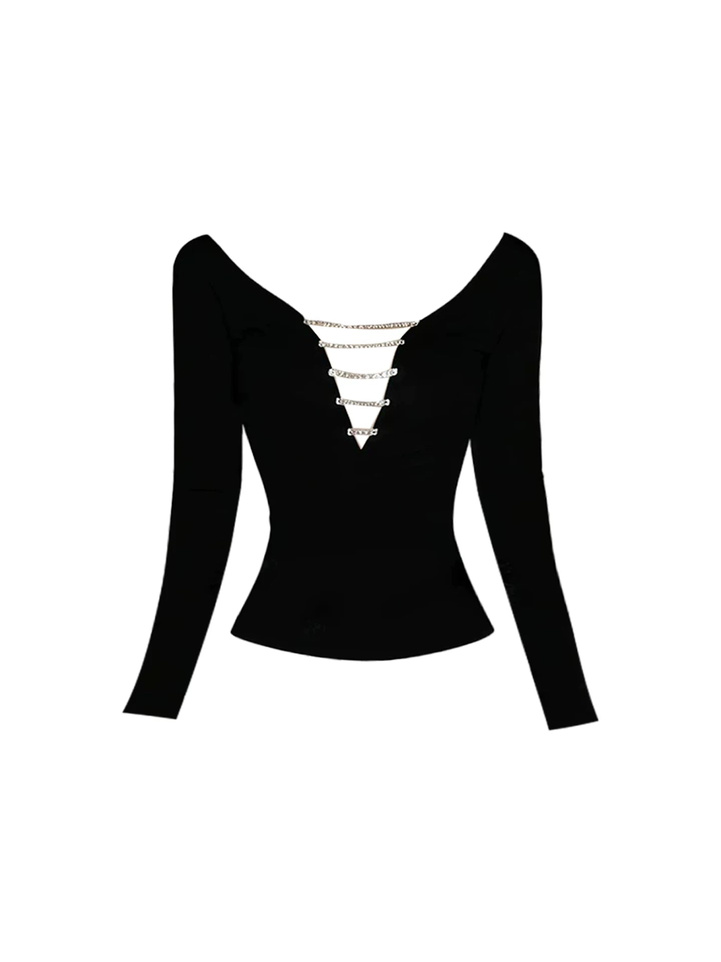 Avant-Garde High-Waist Leather Fur Trim Bodycon Mini Skirt Sexy Black Chain Detail Deep V Crop Top 2-Piece Short Dress AP5421