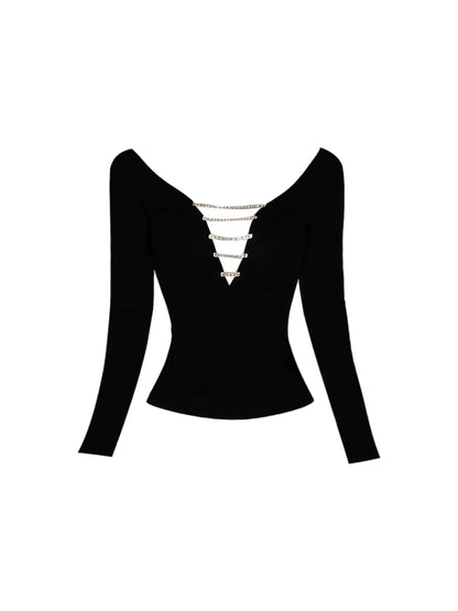 Avant-Garde High-Waist Leather Fur Trim Bodycon Mini Skirt Sexy Black Chain Detail Deep V Crop Top 2-Piece Short Dress AP5421